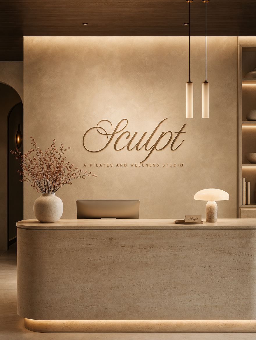 Reception desk at SCULPT with plaster wall, brass pendants and dried florals