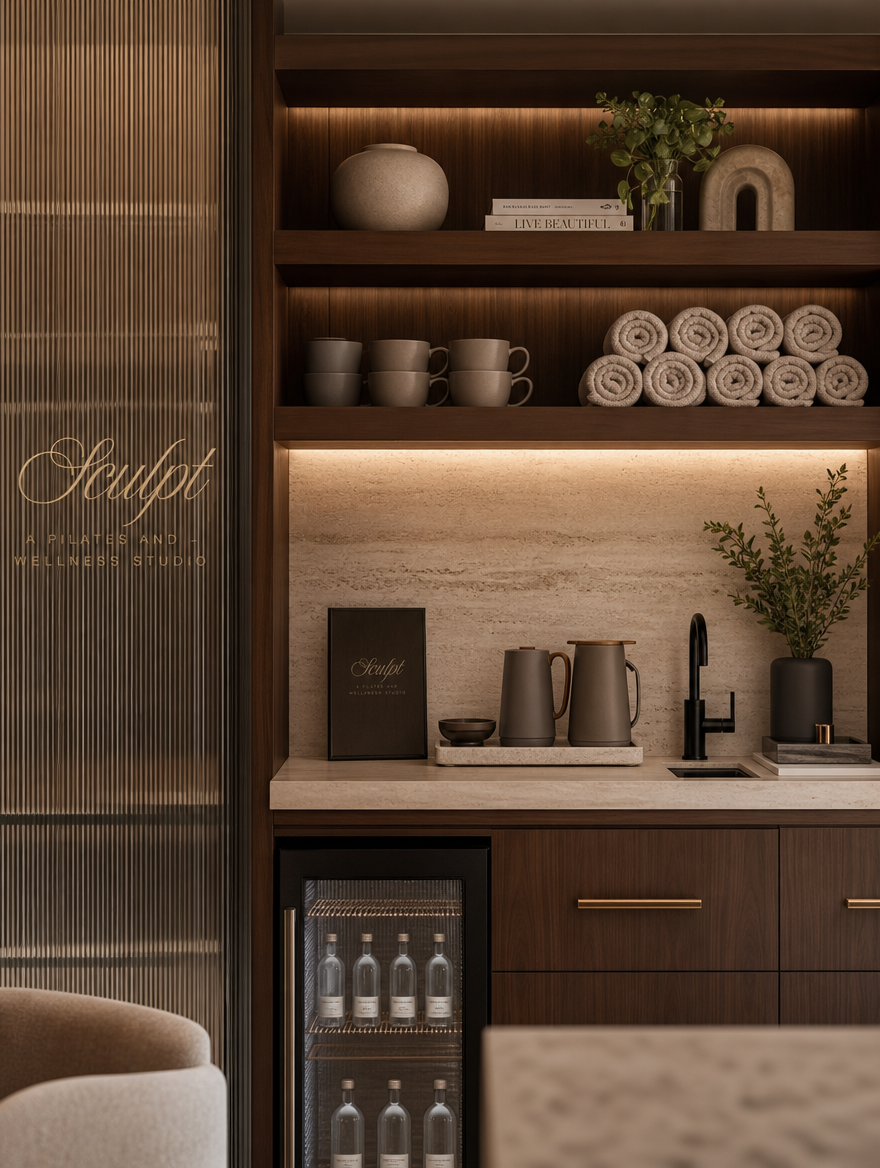 Tea bar with walnut cabinetry, ceramics and rolled towels at SCULPT