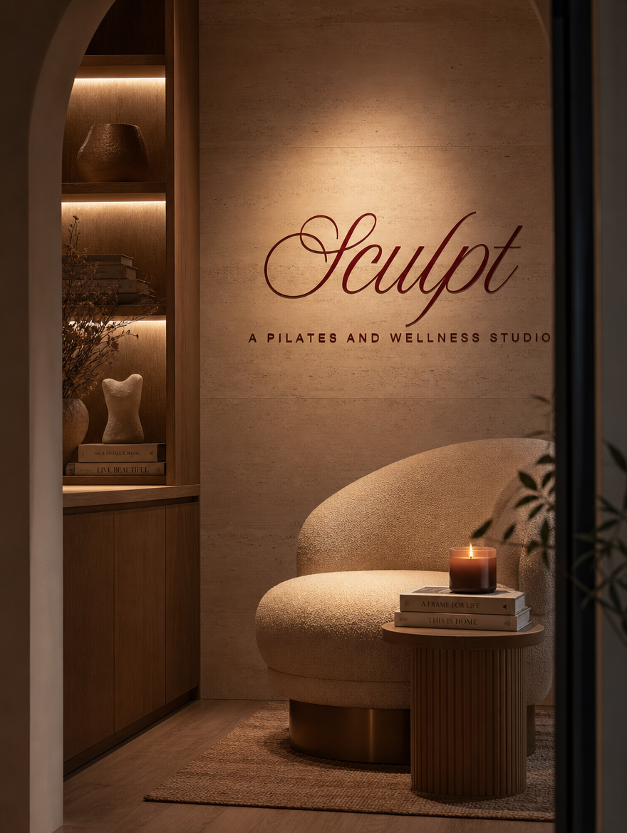 Curved lounge chair, candle and stacked books in a SCULPT alcove