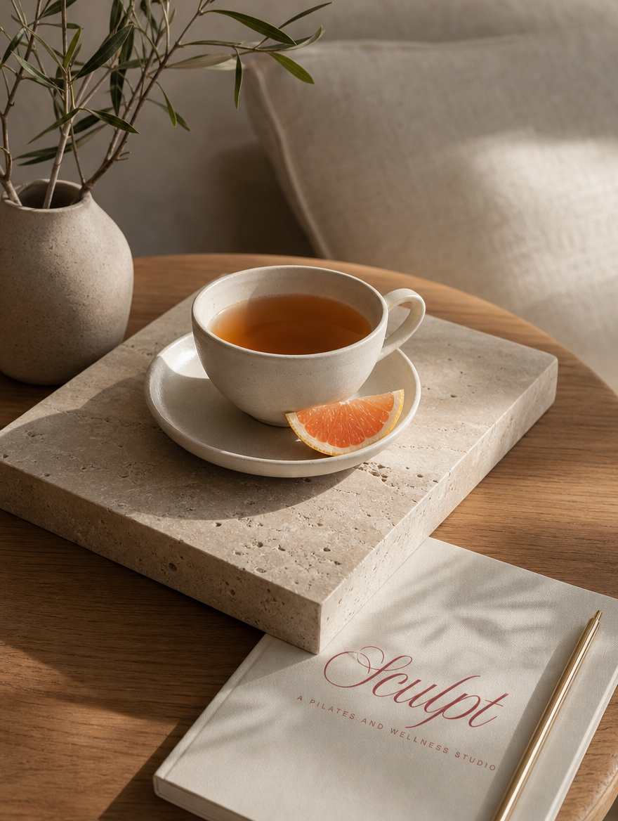 Tea service on a travertine tray beside the SCULPT member book