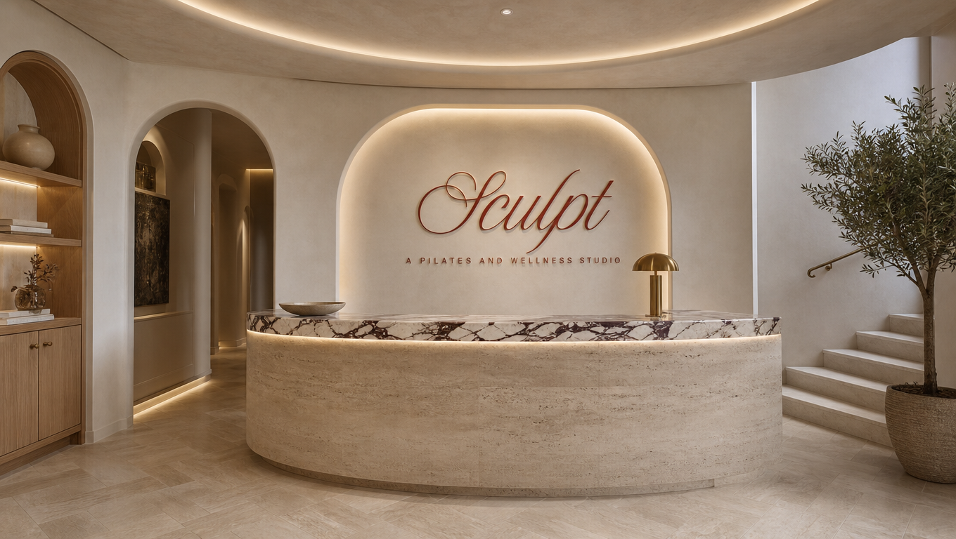 Curved travertine reception desk at SCULPT Wellness Club in East Cobb