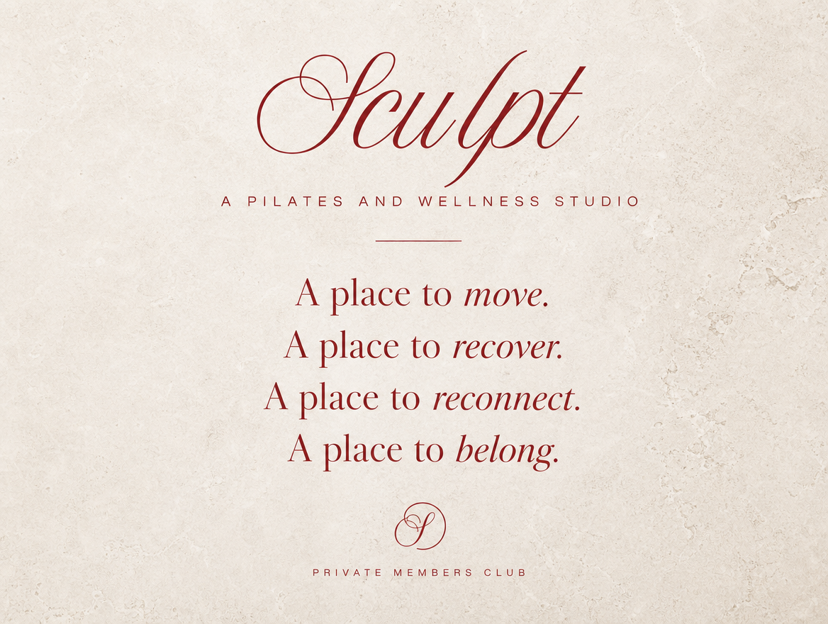 SCULPT brand mark on stone with the words move, recover, reconnect, belong