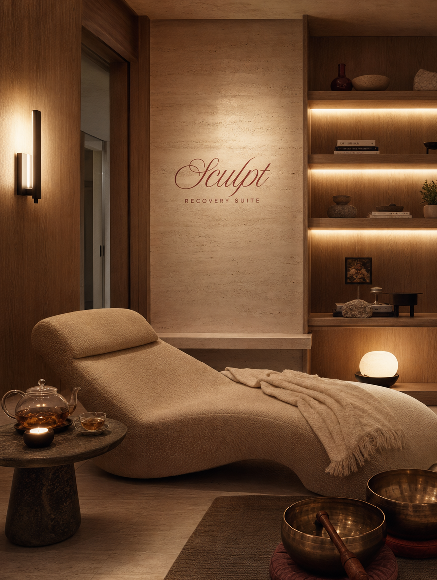 SCULPT recovery lounge with chaise seating, singing bowls and candlelight