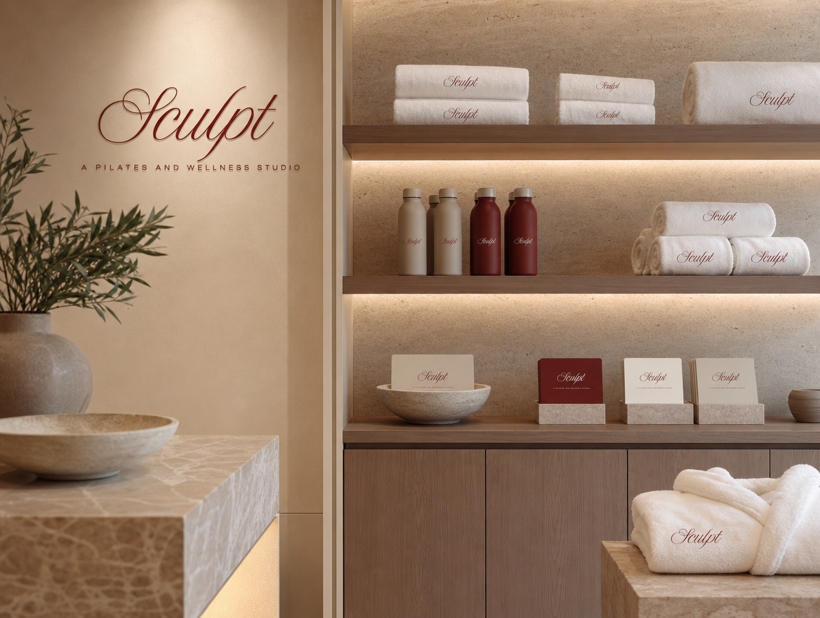 Shelf of folded towels, robes and wellness products at SCULPT