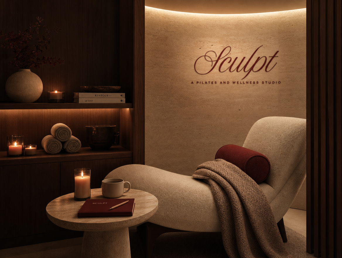 Massage treatment room with warm lighting and folded linens at SCULPT