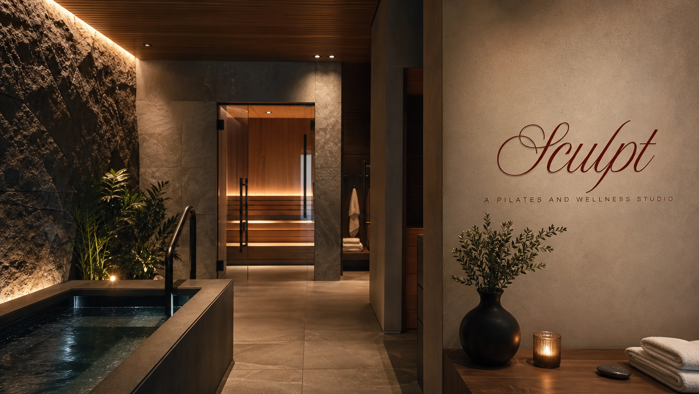 Cold plunge and sauna entry inside a private recovery suite at SCULPT
