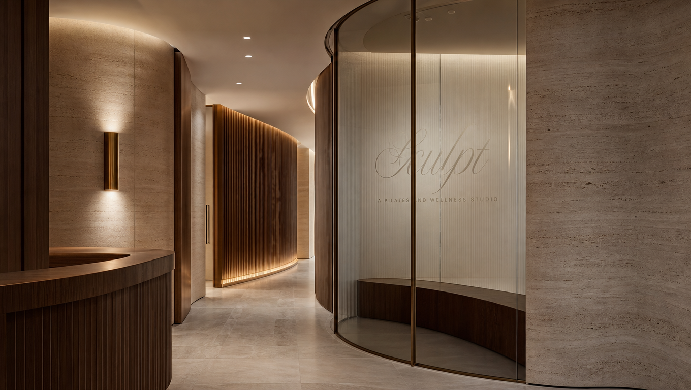 Curved hallway with warm oak panelling and architectural lighting at SCULPT
